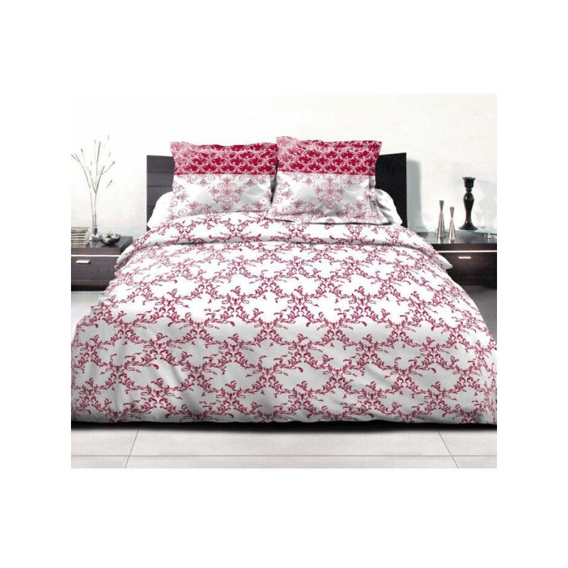 Home Linge Passion - Parure de couette 240x260 cm frise : Housse de couette + 2 taies d'oreiller - 100% Coton 57 Fils - Bordeaux