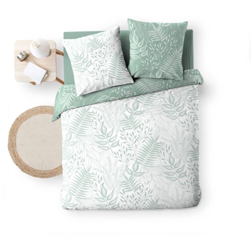 Douceur D'intérieur - Housse de couette 220x240 cm + taies - Réversible - Feuillage blanc et sauge