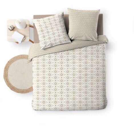 BRICOLINE Housse de couette réversible - 240x260 cm + taies - Motif graphique blanc et beige