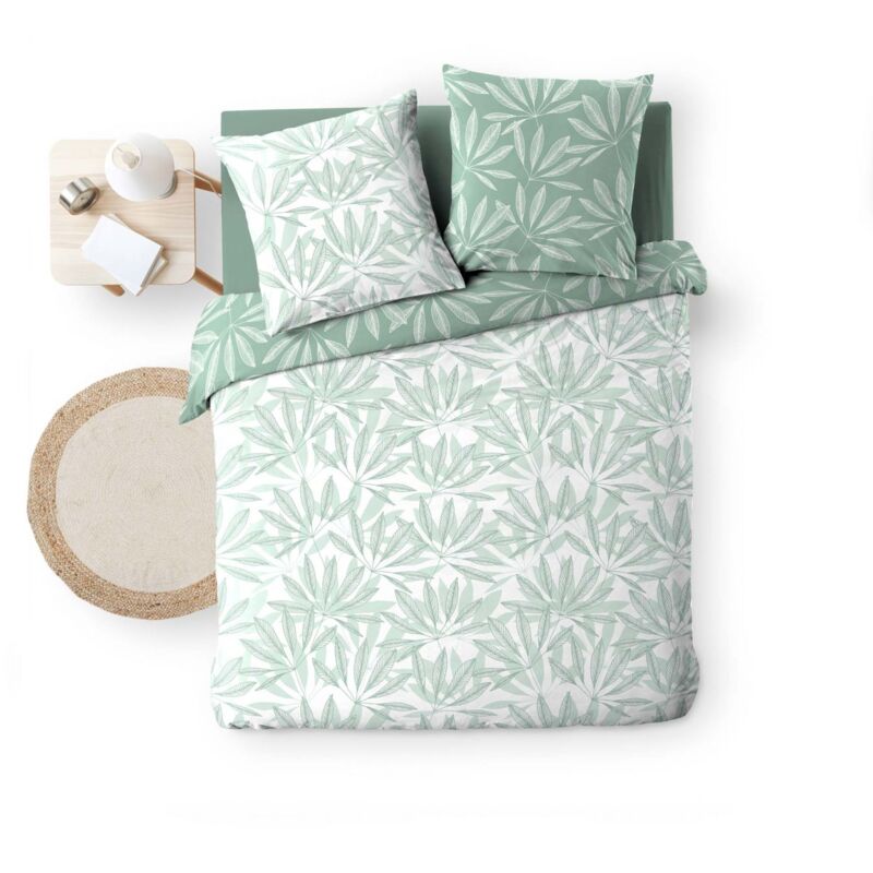 Housse de couette 220x240 cm + taies - Réversible - Feuilles blanche et sauge