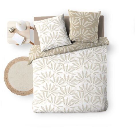 Housse de couette réversible 260 x 240 cm en coton 100% – Tissage 57 fils/cm² – Motif floral beige – Ensemble avec 2 taies d'oreiller – Bricoline