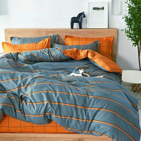 Housse de Couettes Parure de Lit 4 Pièces, Plaine Impression Microfibre Modèle de Ensemble de Literie avec 2 Taies d&39oreillers et 1 Drap de lit (220x240cm,Rayures Orange)