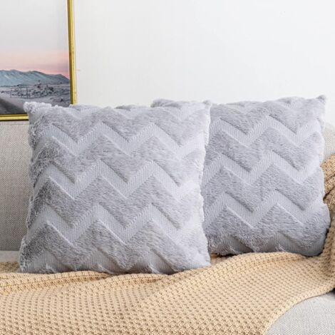 Housse de coussin 2 pièces en imitation laine et velours, taie d'oreiller douce et moelleuse à motif vagues, housse de coussin grise pour canapé, 45 x 45 cm