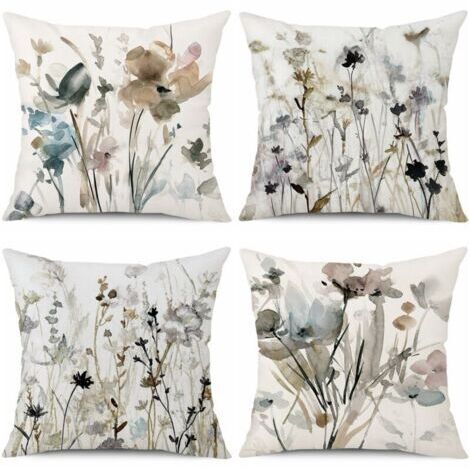 Housse de coussin 45 x 45 cm – Lot de 4 en lin – Motif floral peinture aquarelle – Lavable en machine – Coussins décoratifs canapé