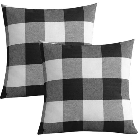 Housse De Coussin - 45 x 45 cm - Motif Carreaux Buffalo Noir Blanc - Lin Coton - Fermeture Éclair Invisible - Pour Canapé Fauteuil Lit Jardin - Lot De 2