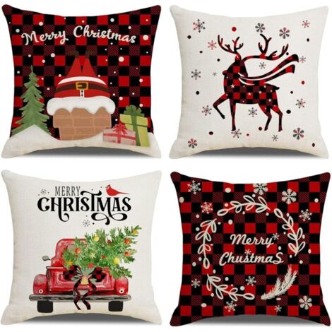 Housse de Coussin 45 x45 cm Noël Plaid Décoratif Housses Coussins pour Canapé Salon Lit Extérieur Lot de 4 Décoration Hiver Cerf Taie d'oreiller en Lin Deco Scandinave - Rouge