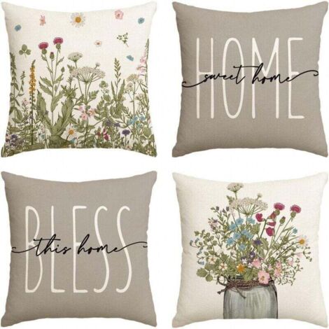Housse de Coussin 45x45 Automne Printemps Housse Coussin Salon de Jardin Exterieur Vertes Plante Florale Lin Taie d'oreiller Decoratif pour Canapé Maison Salon Chambre Ferme Décoration Lot de 4