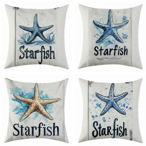 Housse de coussin 45x45 cm en lin à franges, motif étoile de mer, idéale pour salon, chambre ou jardin.