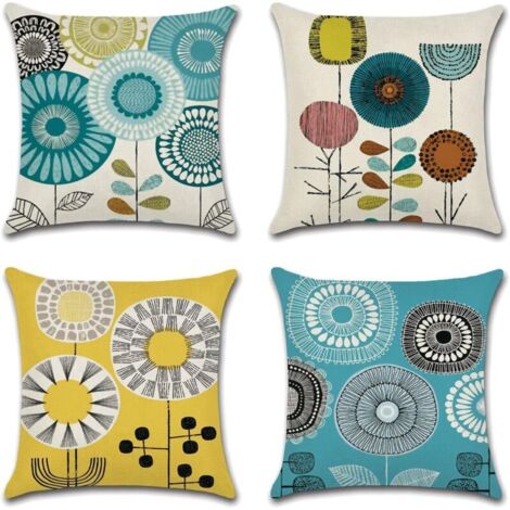 Housse de Coussin 45x45 Fleurs Décoratif Housses Coussins pour Canapé Salon Lit Extérieur Lot de 4 Jaune Moutarde Géométrique Imprimé Taie d'oreiller en Lin Scandinave - Bleu Turquoise
