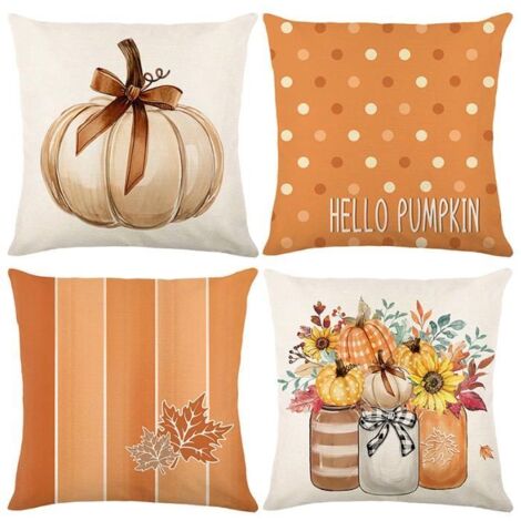 Housse de coussin 45x45cm, lot de 4 - Motif vintage automnal avec bouquet de citrouilles, en lin décoratif.