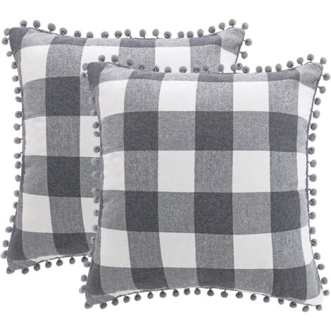 Housse de Coussin à Carreaux Lot de 2 Housse de Coussin Décorative avec Pompons Housse de Coussin Décorative 45x45cm avec Fermeture Éclair Cachée Gris et Blanc