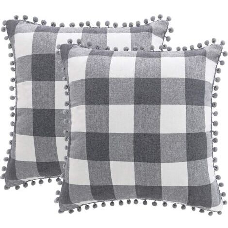 Housse de Coussin à Carreaux Lot de 2 Housse de Coussin Décorative avec Pompons Housse de Coussin Décorative 45x45cm avec Fermeture Éclair Cachée Gris et Blanc