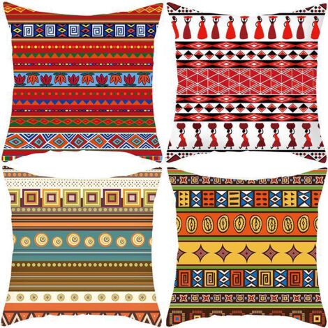 Housse de coussin à rayures rétro de style ethnique 45 cm x 45 cm, lot de 4 taies d'oreiller rouges 18 x 18 pouces, housse de coussin décorative carré