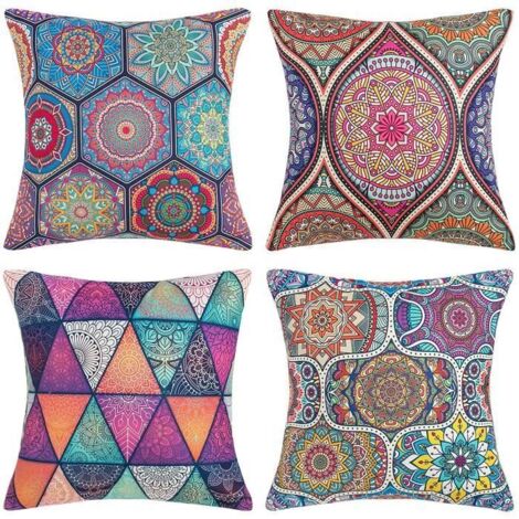 Housse de coussin bohème à motif mandala et fleurs, style ethnique, pour canapé ou salon - 4 pièces (45x45 cm)
