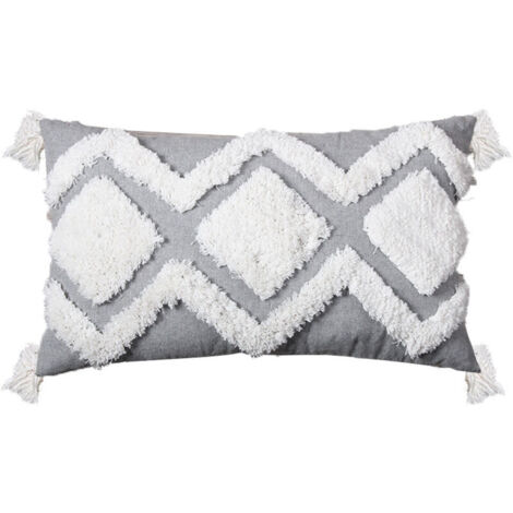 Housse de Coussin Bohème Tissée à Franges, Style Gris/Blanc, Coton, (Gris sur Blanc, 30x50 cm)