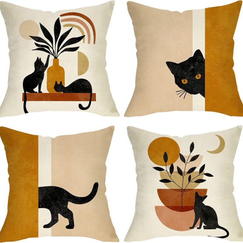 Housse de Coussin Boho 40x40 Set de 4, Abstrait Chat Noir Plante Soleil Lune Taie d'oreiller décorative Art Moderne Minimaliste Housse d'oreiller en