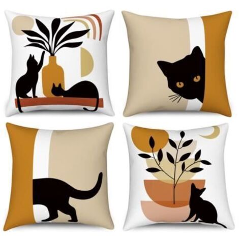 Housse de Coussin Boho - Lot de 4 - Motif Abstrait Chat Noir et Plantes Soleil-Lune - 40x40 cm
