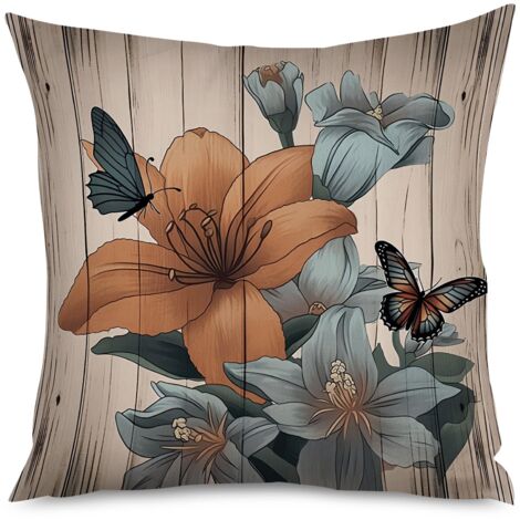 Housse de coussin bois rustique et fleurs d'été