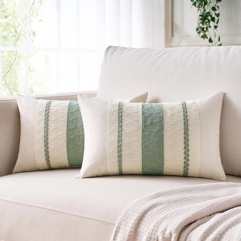 Housse de Coussin Canape 30x50 Vert Sauge Bohème Texturée à Rayures Tissées Décoratives Moderne Housse de Canapé pour Maison Salon Chambre Décoration