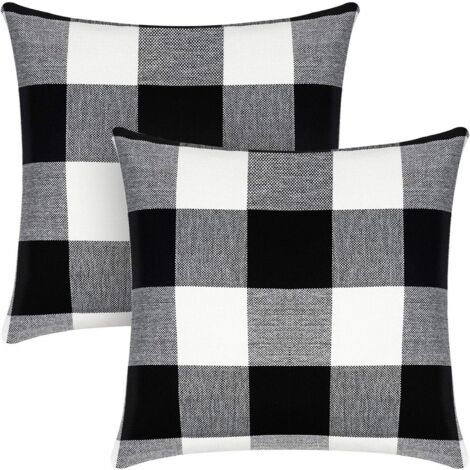 Housse De Coussin Carrée - Coton Linen - Motif Écossais Noir Et Blanc - 45 x 45 cm - Pour Canapé Lit Voiture Intérieur Extérieur - Lot De 2