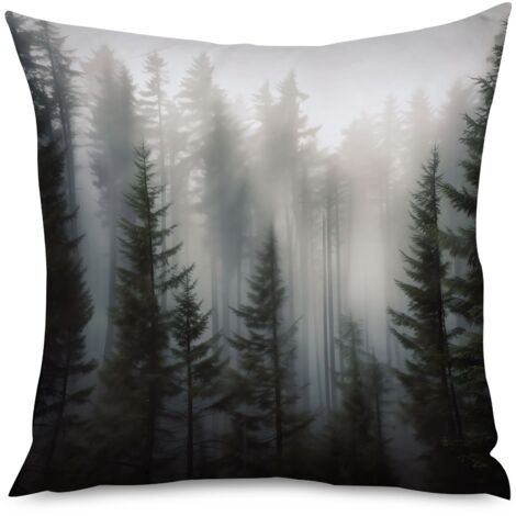 Housse de coussin, Coussin décoratif forêt brumeuse, 50x50 cm, tendance