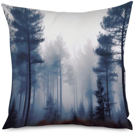 Housse de coussin, Coussin décoratif imprimé forêt embrumée, 40x40 cm