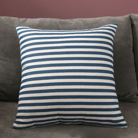 Housse de coussin de canapé 45x45 cm style nordique, tissu lin bleu rayé, accessoires textile maison
