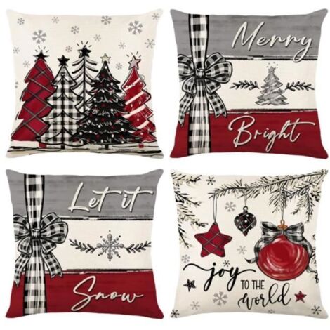 Housse de coussin de Noël, 45x45 cm, lot de 4 pièces, taie d'oreiller en lin, motif flocon de neige, rouge.