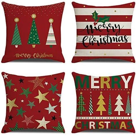Housse de coussin de Noël – Lot de 4 housses de coussin en coton et lin rouges décoratives de Noël – Coussin pour canapé, salon, lit, voiture, taie d'oreiller carrée