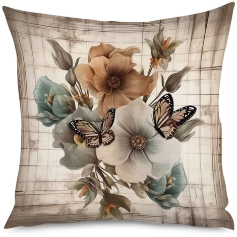 Housse de Coussin décoratif bois éclaté et fleurs exotiques