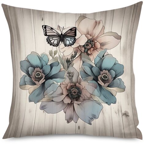 Housse de Coussin décoratif bois patiné et fleurs romantiques