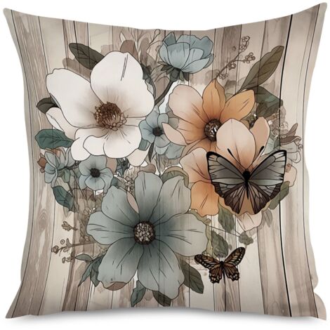 Housse de Coussin décoratif bois texturé et fleurs graphiques