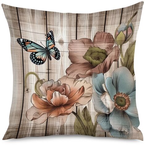 Housse de Coussin décoratif fleurs de lin sur fond bois