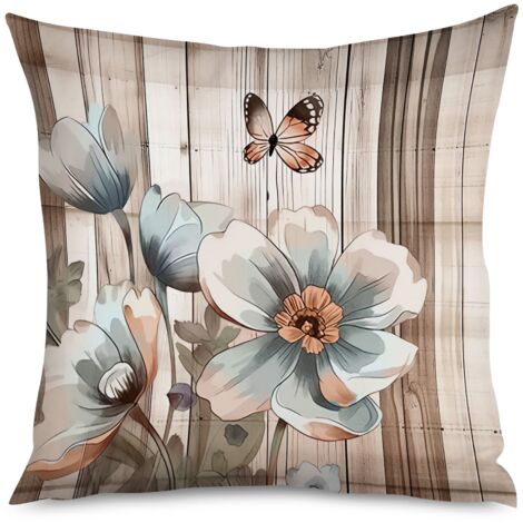 Housse de Coussin décoratif fleurs roses sur bois clair, 50x50 cm