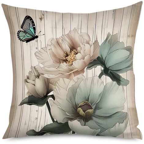 Housse de Coussin décoratif fleurs sur planches de bois, 40x40 cm