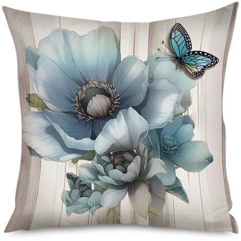 Housse de Coussin décoratif fond bois blanchi et fleurs bleues