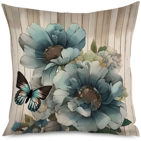 Housse de Coussin décoratif motif bois flotté et marguerites