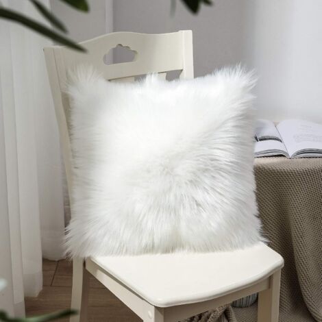 Housse de coussin décorative blanche 40 x 40 cm, coussin décoratif moelleux en fausse fourrure de mouton et d'agneau à poils longs, housse de coussin imitation fourrure pour canapé