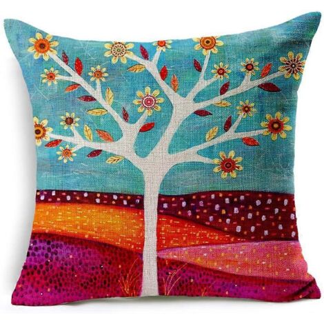 Housse de coussin décorative en coton et lin à motif d'arbres abstraits, 45 x 45 cm