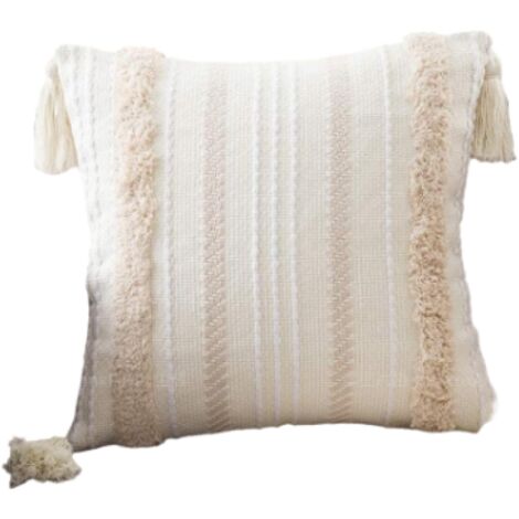 Housse de coussin décorative en dentelle style bohème, idéale pour le salon, la chambre, le balcon, le canapé ou le banc. Housse de coussin à pompons, douce et décorative (45 x 45 cm).