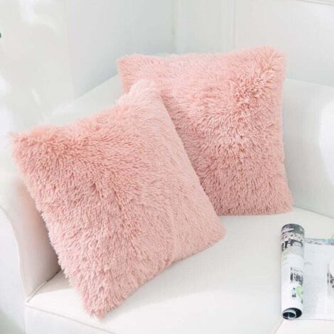 Housse de Coussin Décorative en Fausse Fourrure Polaire Douce 45x45 cm Rose Lot de 2
