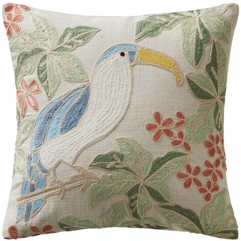 Housse de coussin en Coton rebrodé de point de chainette au motif animalier TUCANA