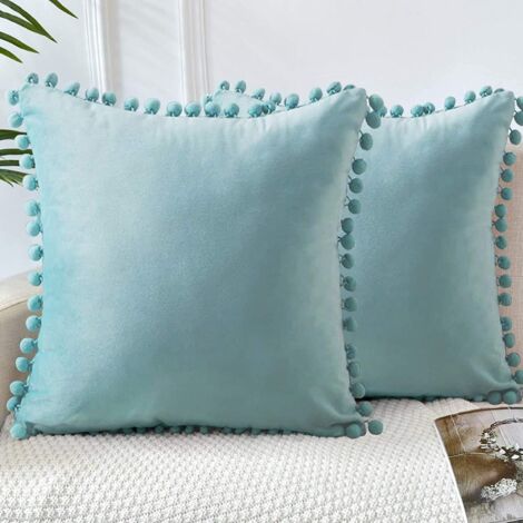 Housse de coussin en velours, taie d'oreiller décorative pour canapé, housse de coussin carrée décorative en velours doux avec pompon (Aqua)
