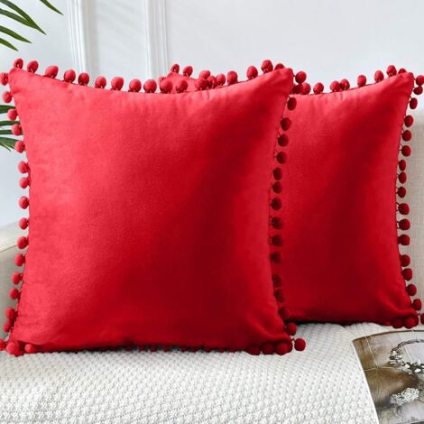 Housse de coussin en velours, taie d'oreiller décorative pour canapé, taie d'oreiller carrée en velours doux avec pompon (rouge)