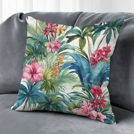 Housse de coussin feuilles vertes fleurs, décoration canapé-lit,50×50cm