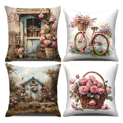 Housse de Coussin Fleur 45x45 cm, Lot de 4 décoratives pour canapé à Fleurs rétro peintes à la Main Lavable Lin Textile extérieur taie d'oreiller