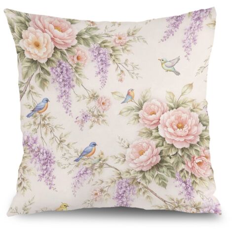 Housse de coussin floral bleu rose jaune, style ferme rustique,50×50cm
