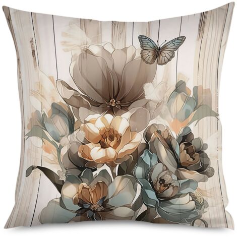 Housse de coussin fond bois chêne et roses rouges