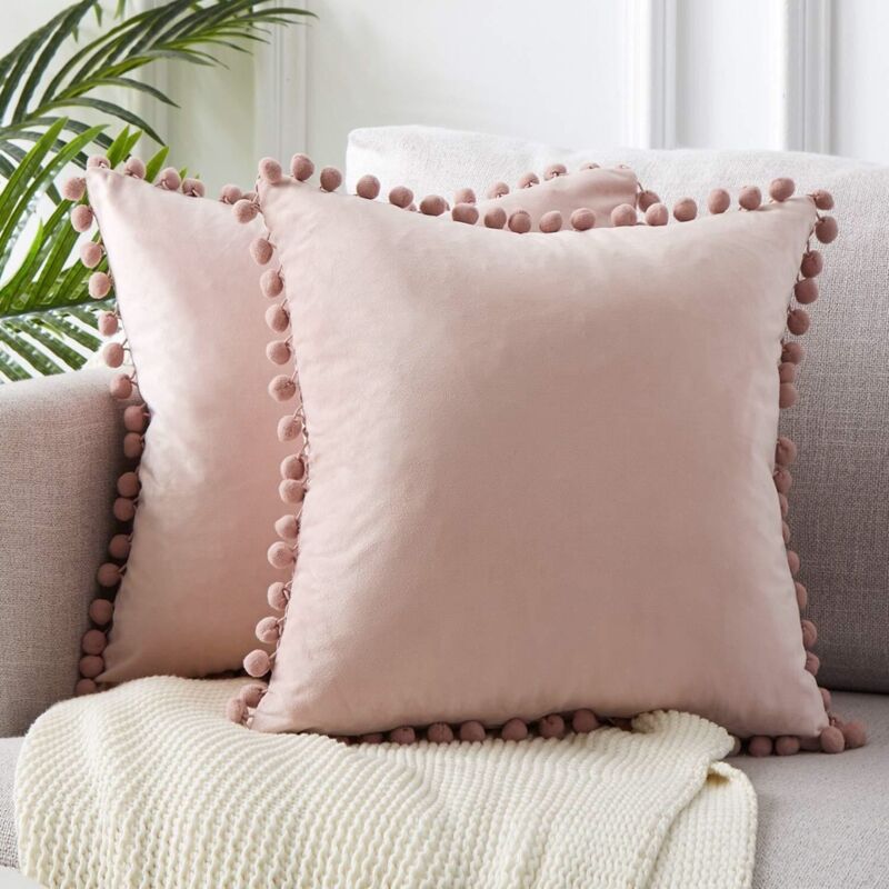 Housse de coussin décorative carrée en velours avec pompons, douce et résistante, pour canapé, salon, chambre, rose, 45,7 cm