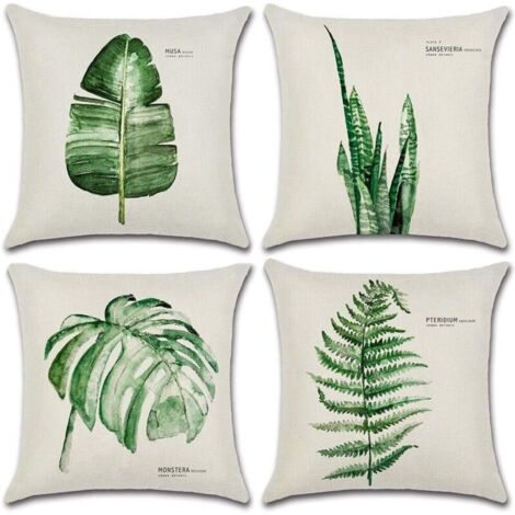 Housse de coussin imperméable lot de 4 – 45x45cm – Motif feuilles vertes – Toile durable pour extérieur, jardin, salon, chambre